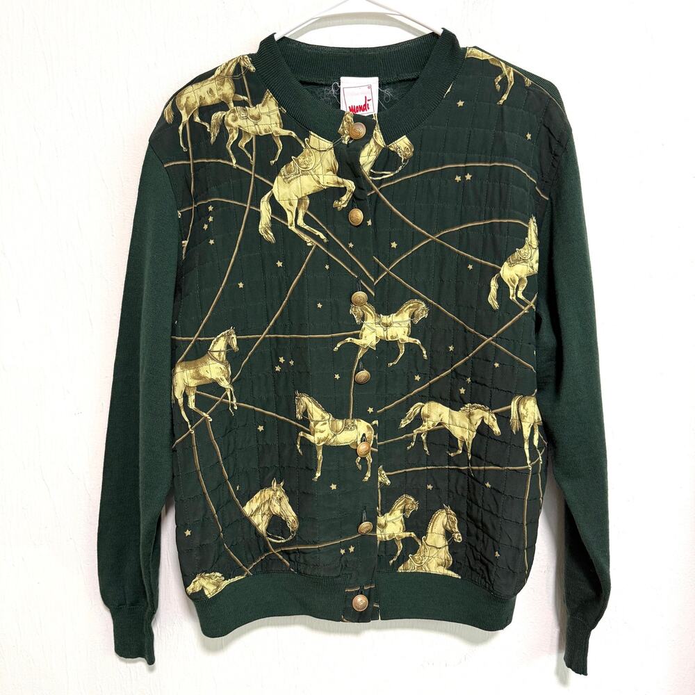 VTG Mondi Quilted Knit Sweater Jacket Green Horse Equestrian Celestial Whimsical